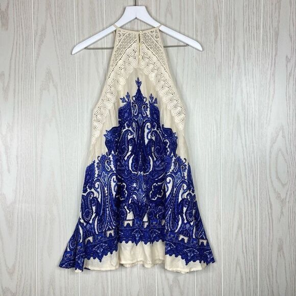 Free People Shea Mini Dress Blue Cream Size XS Boho Festival Swing Slip - Picture 6 of 7
